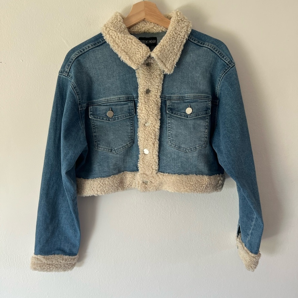 Current Mood Sherpa Trim Cropped Denim Button Front Jean Jacket Size Medium